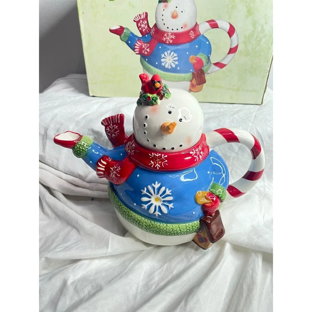 Adorable Snowman Teapot Candy Cane Handle Christmas Holiday Kitchen Decor